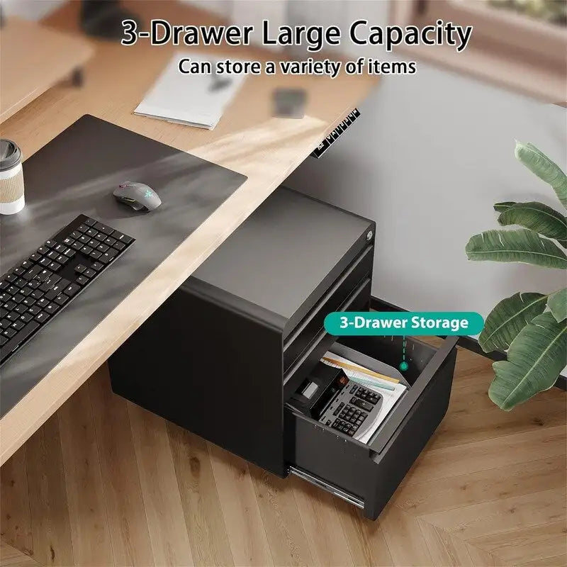 Rolling Steel File Cabinet with Lock 3 Drawers Black White