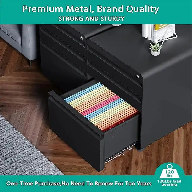 Rolling Steel File Cabinet with Lock 3 Drawers Black White
