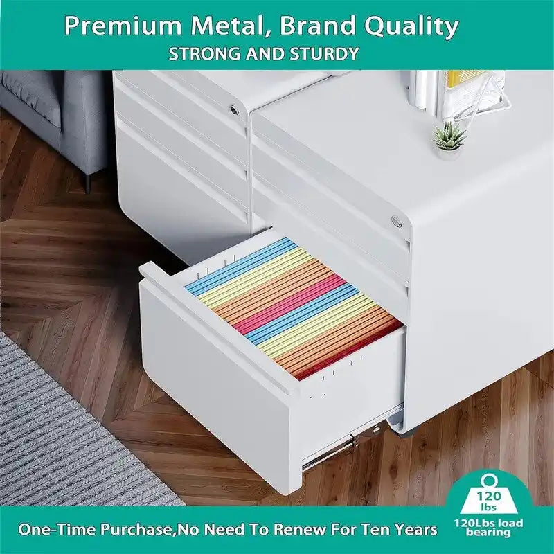 Rolling Steel File Cabinet with Lock 3 Drawers Black White