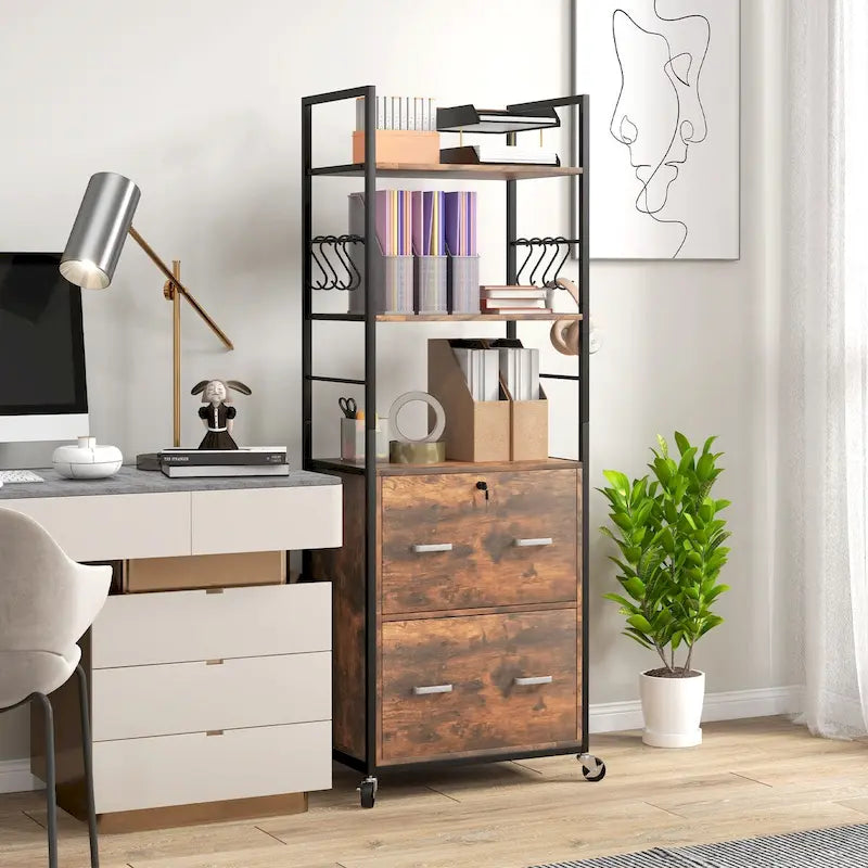 Industrial Rustic Brown Mobile File Cabinet with Lock Bookshelf Open Shelves