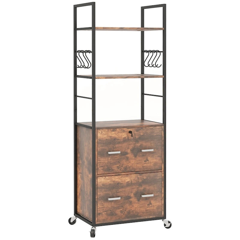 Industrial Rustic Brown Mobile File Cabinet with Lock Bookshelf Open Shelves
