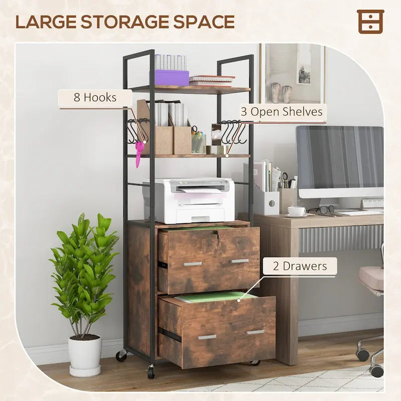 Industrial Rustic Brown Mobile File Cabinet with Lock Bookshelf Open Shelves