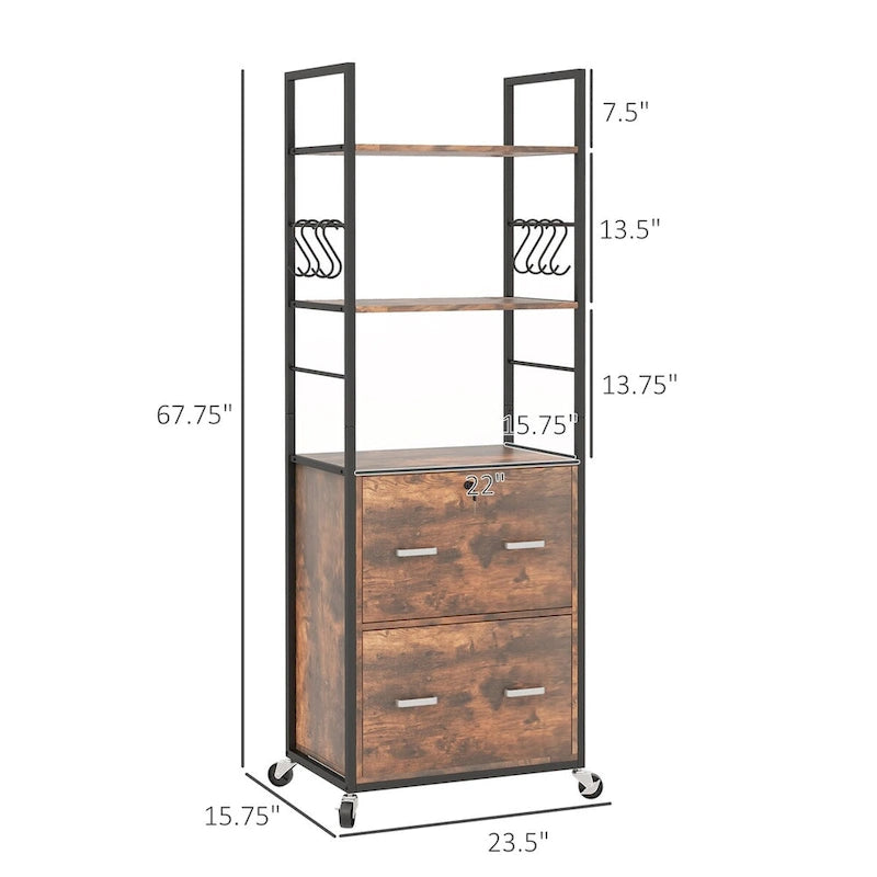Industrial Rustic Brown Mobile File Cabinet with Lock Bookshelf Open Shelves