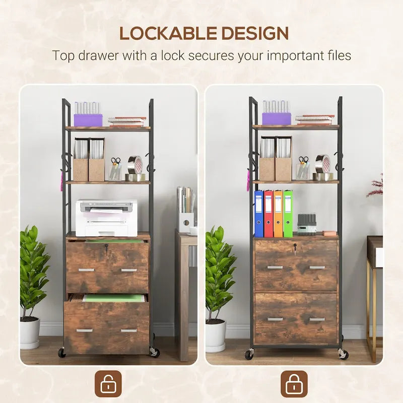 Industrial Rustic Brown Mobile File Cabinet with Lock Bookshelf Open Shelves