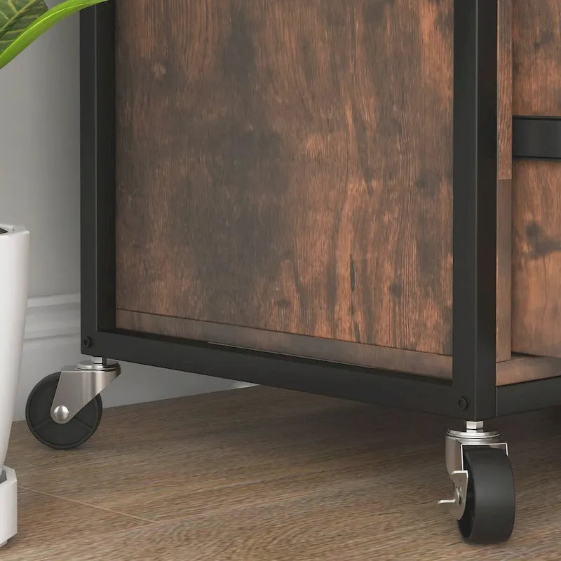 Industrial Rustic Brown Mobile File Cabinet with Lock Bookshelf Open Shelves
