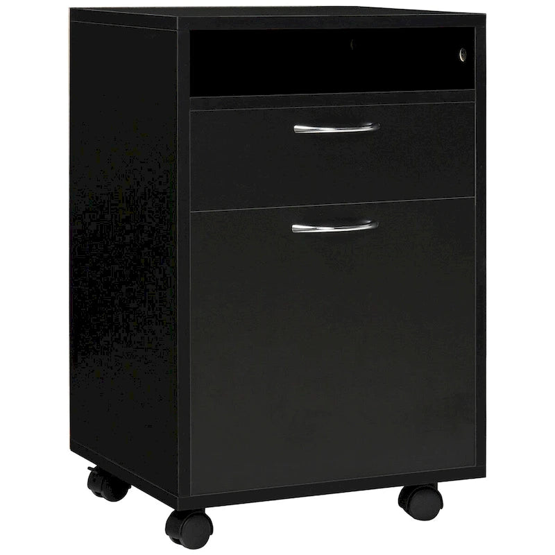 Black Rolling Mobile Pedestal Cabinet with Drawer Door and Open Shelf