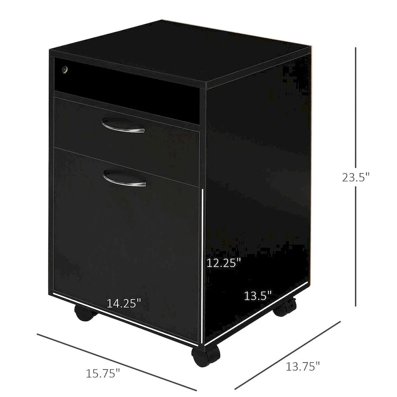Black Rolling Mobile Pedestal Cabinet with Drawer Door and Open Shelf