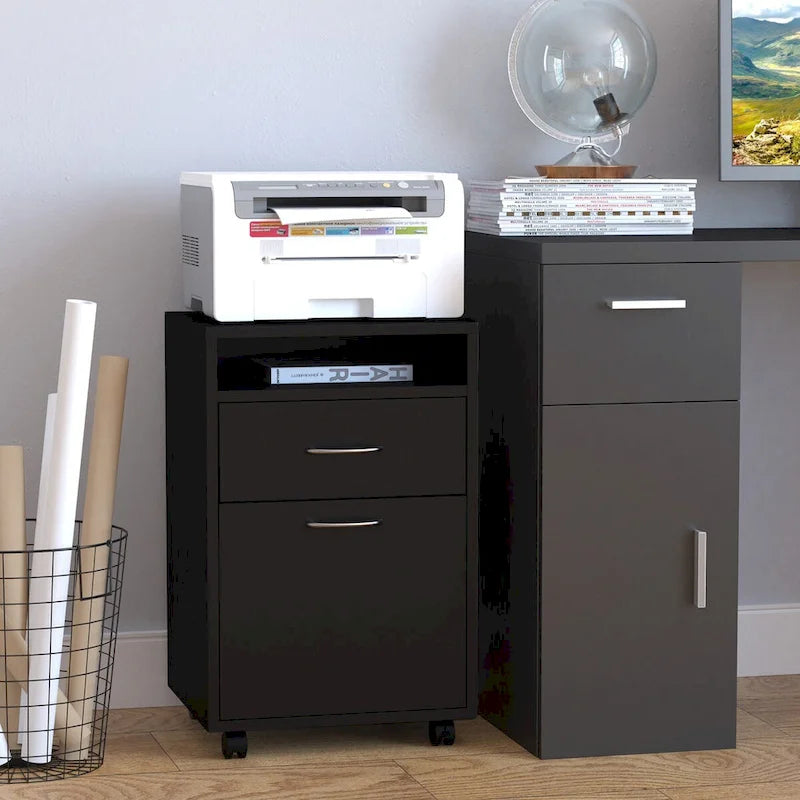 Black Rolling Mobile Pedestal Cabinet with Drawer Door and Open Shelf