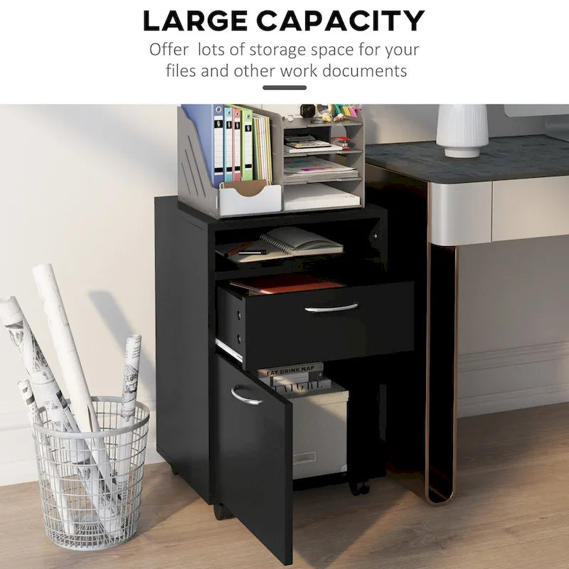 Black Rolling Mobile Pedestal Cabinet with Drawer Door and Open Shelf