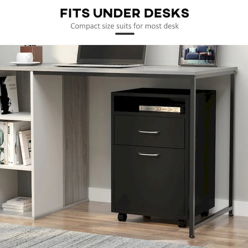 Black Rolling Mobile Pedestal Cabinet with Drawer Door and Open Shelf