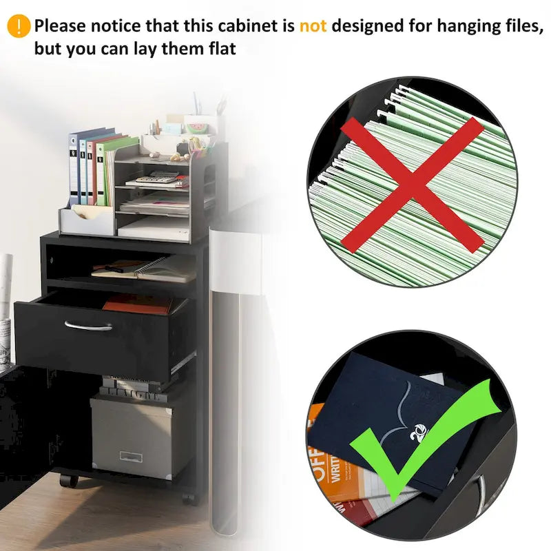 Black Rolling Mobile Pedestal Cabinet with Drawer Door and Open Shelf