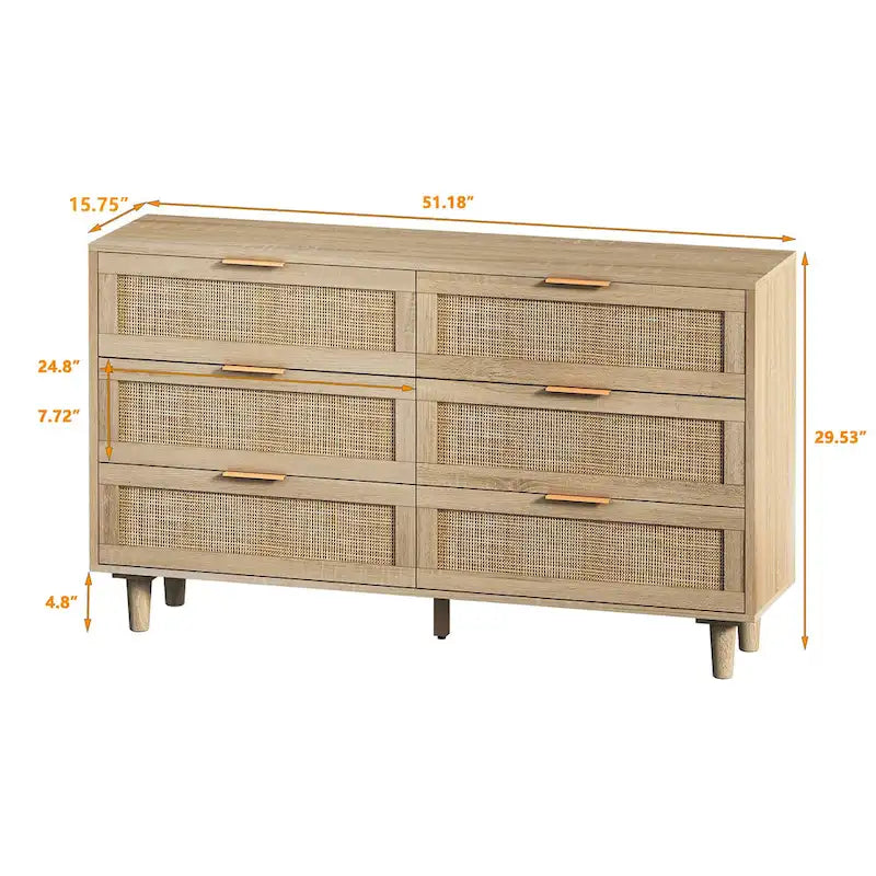 6-drawers Rattan Storage Cabinet - 51.18L x 15.75W x 29.53H