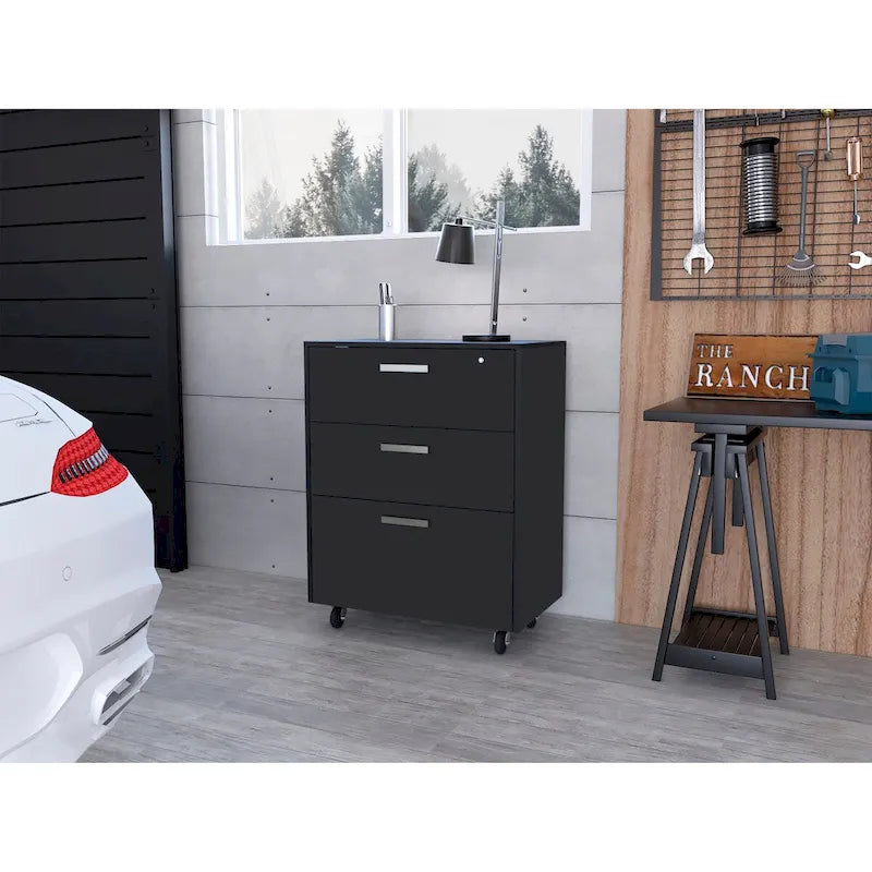 3-Drawer Mobile Storage Cabinet with Casters and Lock, Black