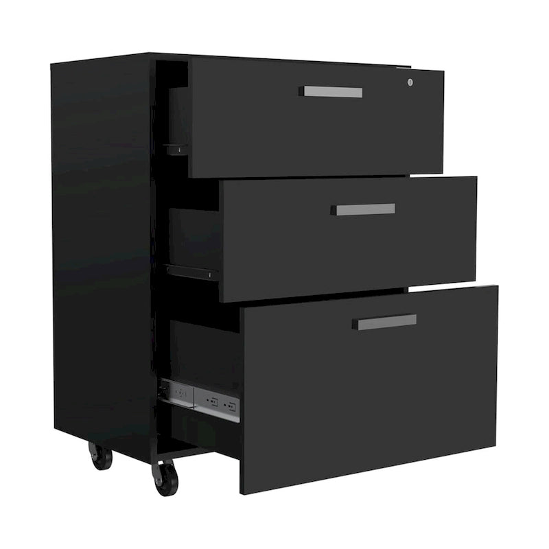 3-Drawer Mobile Storage Cabinet with Casters and Lock, Black