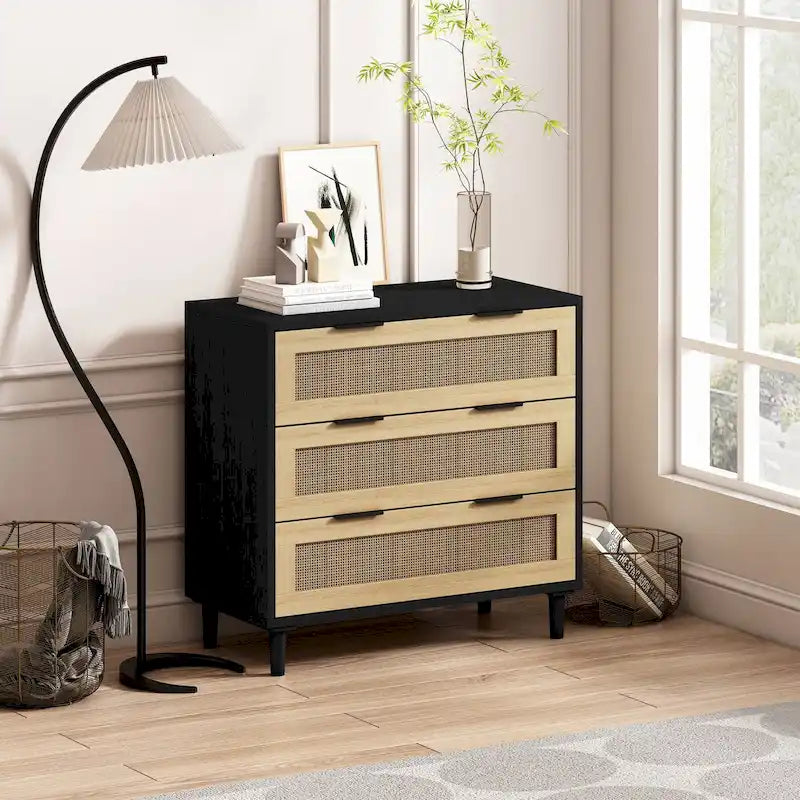 3-Drawer Rattan Storage Cabinet with Black Frame and Natural Woven Panels