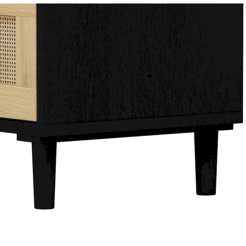 3-Drawer Rattan Storage Cabinet with Black Frame and Natural Woven Panels