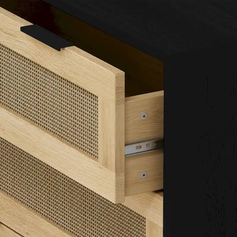 3-Drawer Rattan Storage Cabinet with Black Frame and Natural Woven Panels
