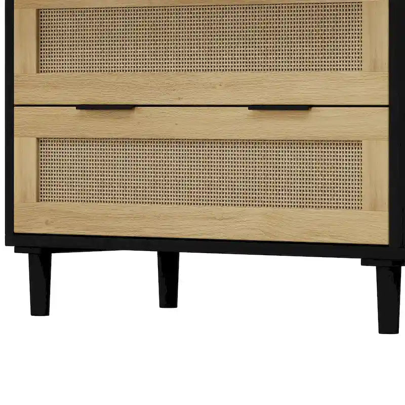 3-Drawer Rattan Storage Cabinet with Black Frame and Natural Woven Panels