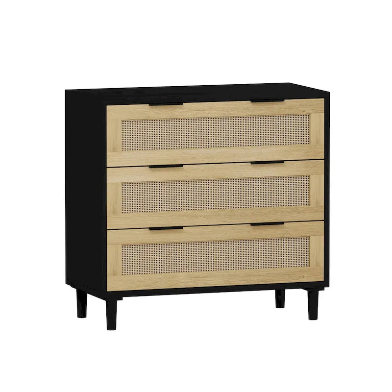 3-Drawer Rattan Storage Cabinet with Black Frame and Natural Woven Panels