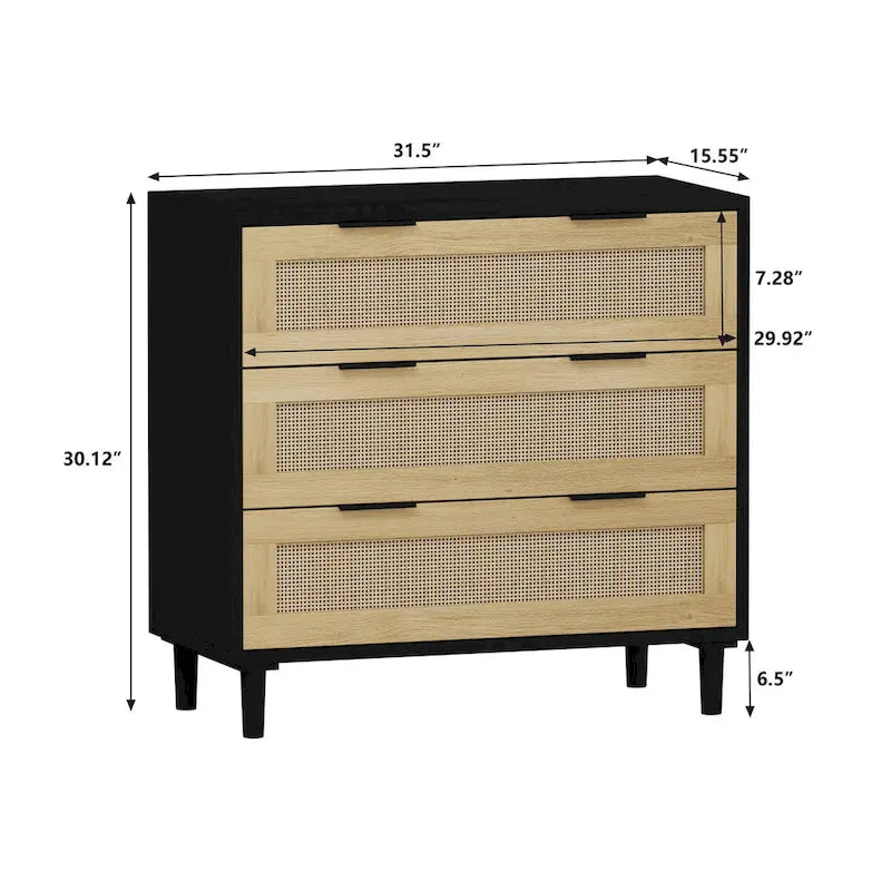 3-Drawer Rattan Storage Cabinet with Black Frame and Natural Woven Panels