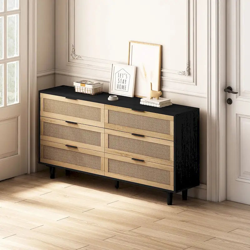 6-Drawer Rattan Storage Dresser Black Natural Boho Cabinet