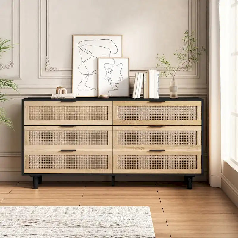 6-Drawer Rattan Storage Dresser Black Natural Boho Cabinet
