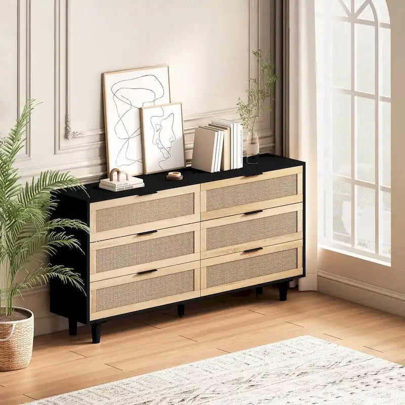6-Drawer Rattan Storage Dresser Black Natural Boho Cabinet