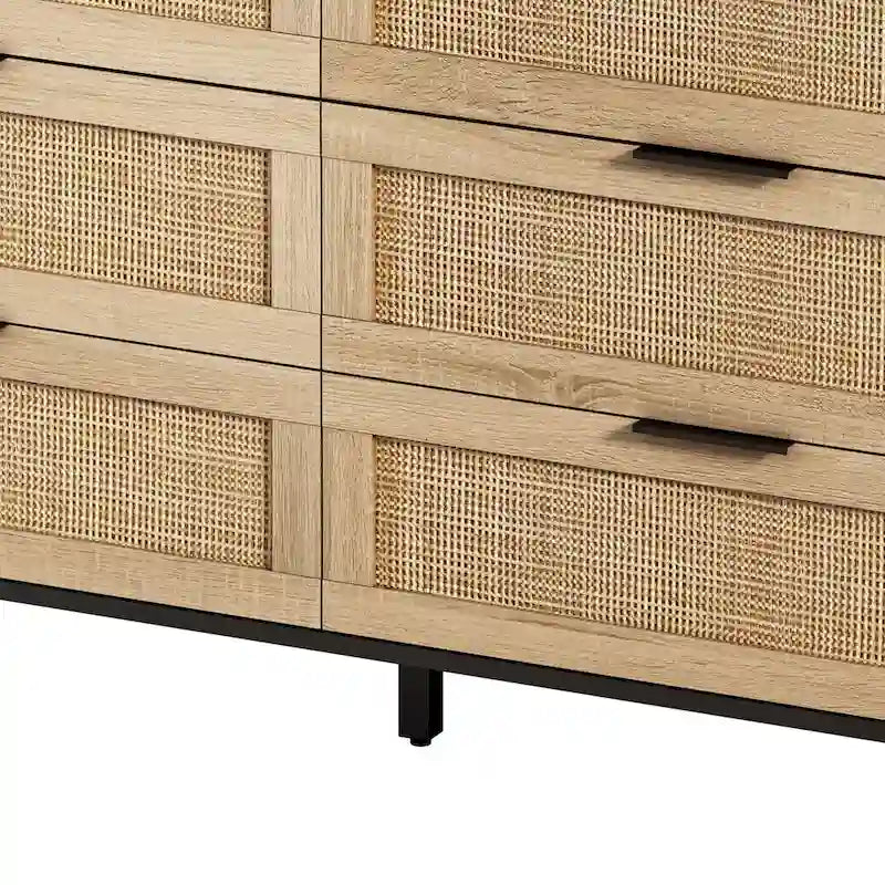 6-Drawer Rattan Storage Dresser Black Natural Boho Cabinet
