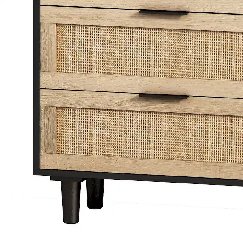 6-Drawer Rattan Storage Dresser Black Natural Boho Cabinet