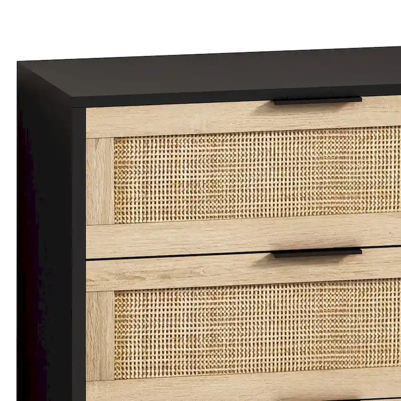 6-Drawer Rattan Storage Dresser Black Natural Boho Cabinet