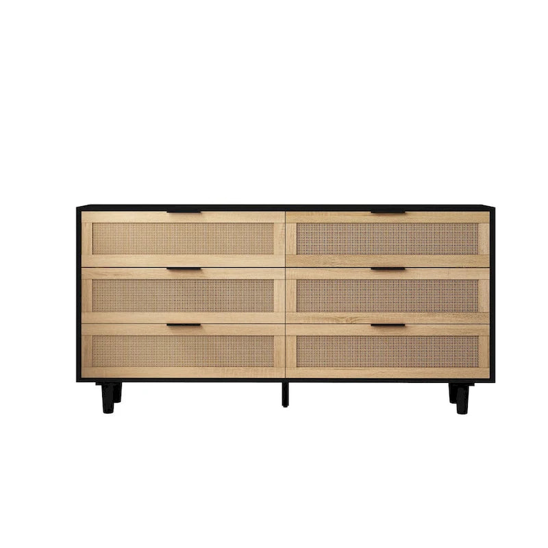 6-Drawer Rattan Storage Dresser Black Natural Boho Cabinet