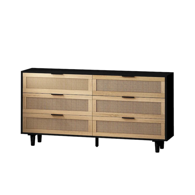 6-Drawer Rattan Storage Dresser Black Natural Boho Cabinet