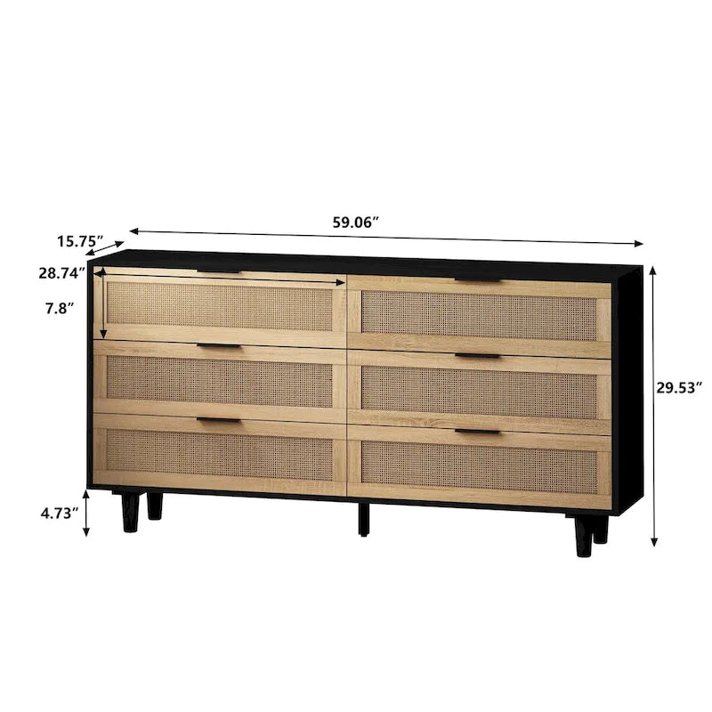 6-Drawer Rattan Storage Dresser Black Natural Boho Cabinet
