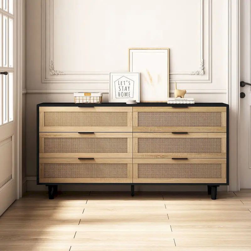 6-Drawer Rattan Storage Dresser Black Natural Boho Cabinet