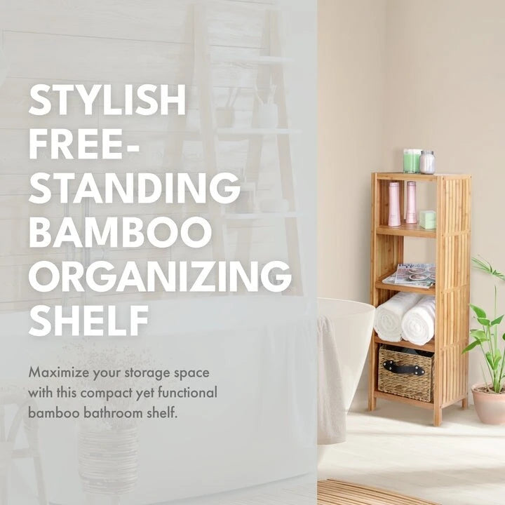 Freestanding 5-Tier Bamboo Bathroom Organizer Shelf Natural Brown Glossy