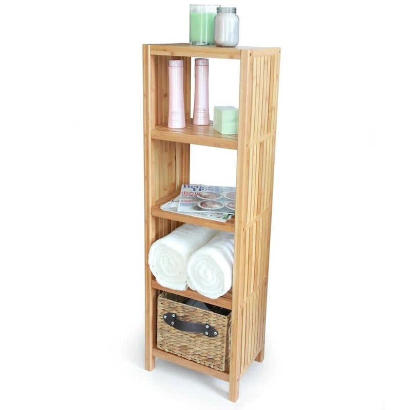 Freestanding 5-Tier Bamboo Bathroom Organizer Shelf Natural Brown Glossy