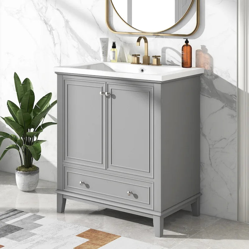 Freestanding Bathroom Vanity Cabinet with Doors Drawer Adjustable Shelf White Grey