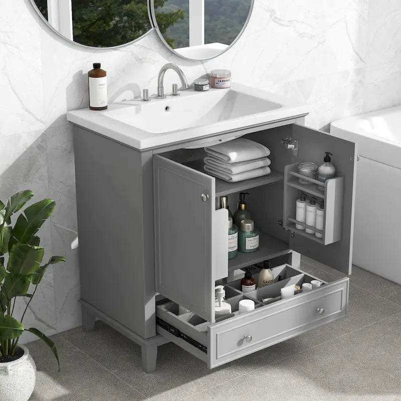 Freestanding Bathroom Vanity Cabinet with Doors Drawer Adjustable Shelf White Grey