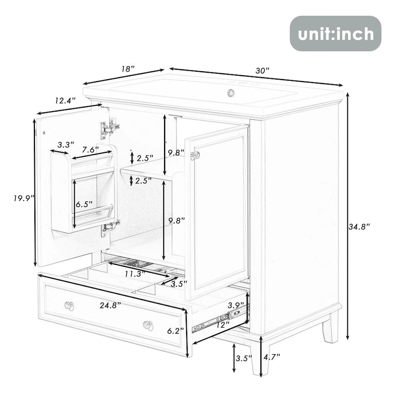 Freestanding Bathroom Vanity Cabinet with Doors Drawer Adjustable Shelf White Grey