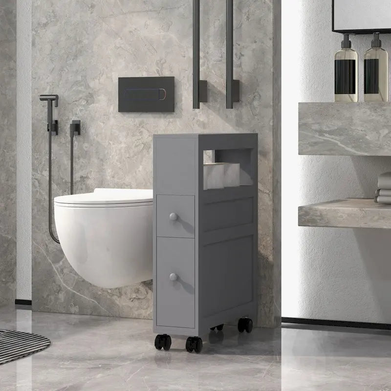 Slim Rolling Narrow Bathroom Storage Cabinet with Drawers Grey