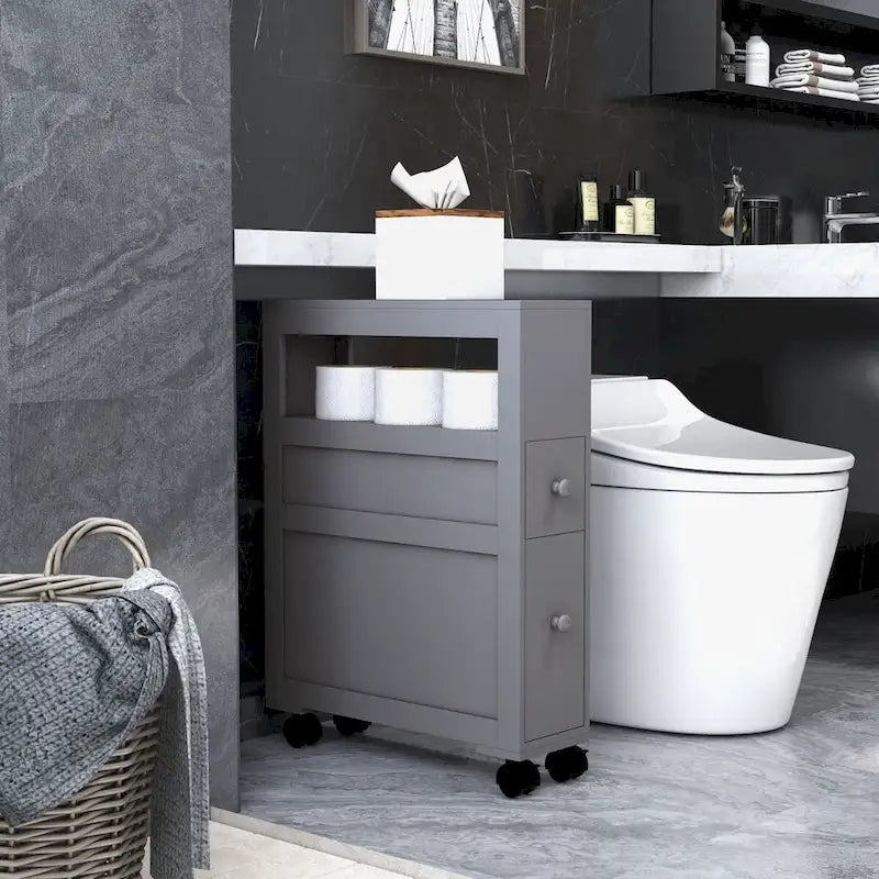 Slim Rolling Narrow Bathroom Storage Cabinet with Drawers Grey
