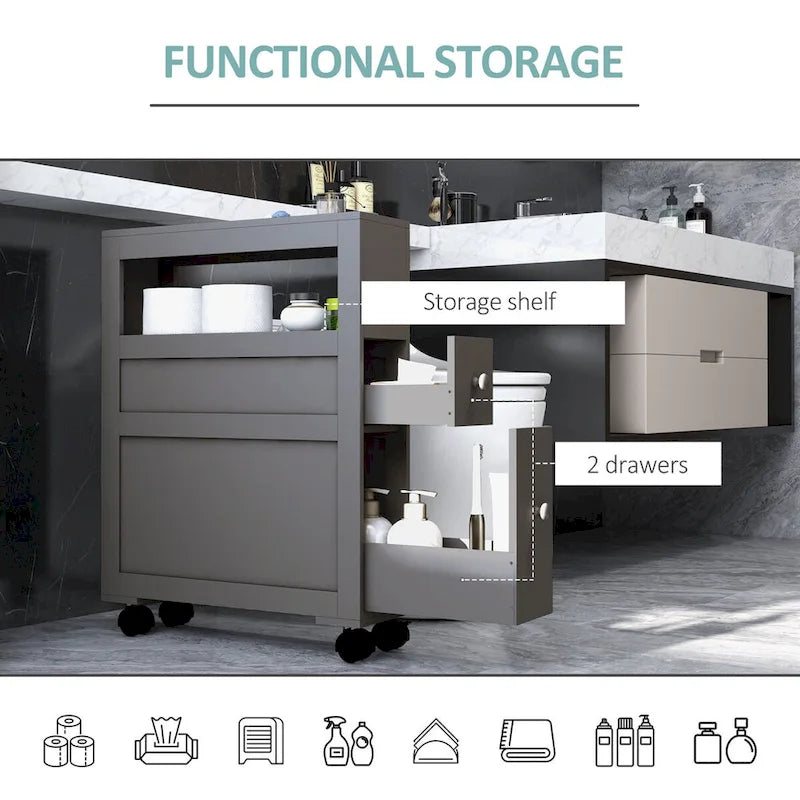 Slim Rolling Narrow Bathroom Storage Cabinet with Drawers Grey