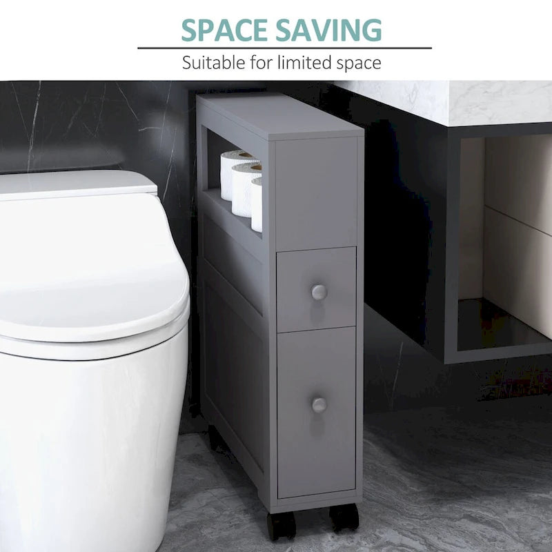 Slim Rolling Narrow Bathroom Storage Cabinet with Drawers Grey