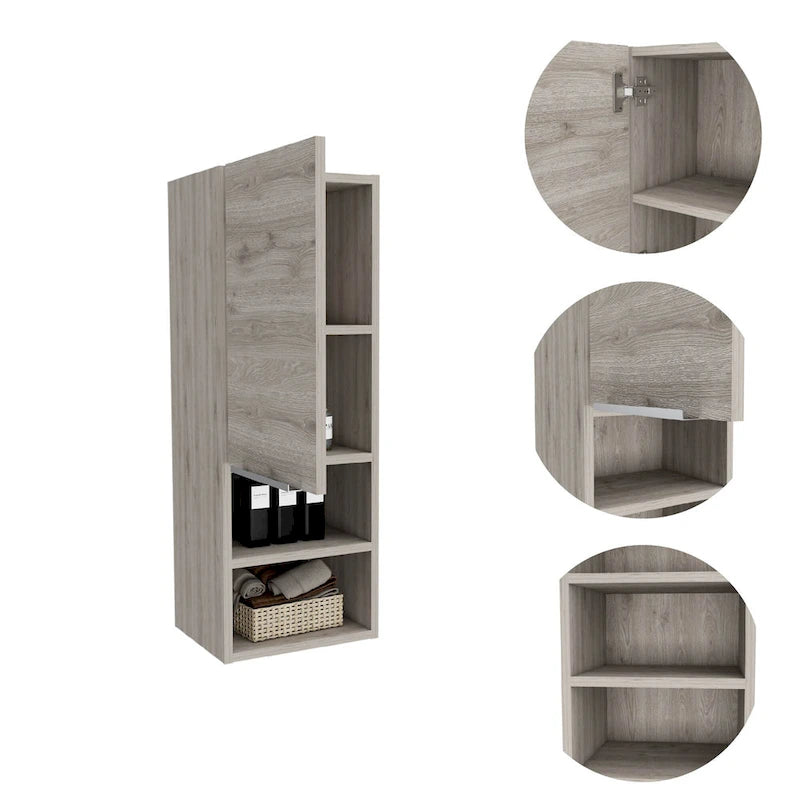 Single Door Bathroom Cabinet with Interior and Exterior Shelves, Gray Smokey Oak