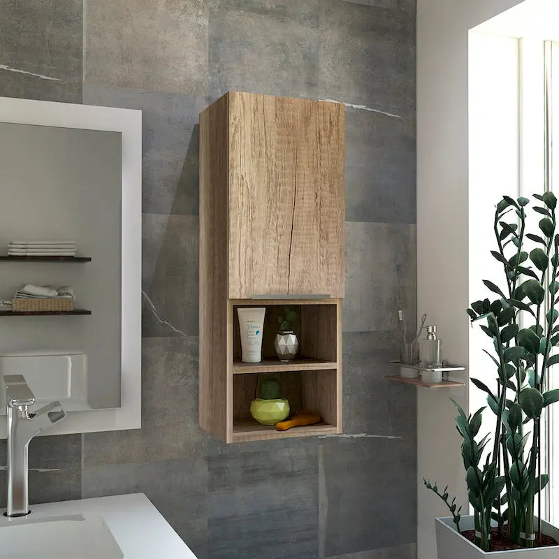 Single Door Bathroom Cabinet with Interior and Exterior Shelves, Gray Smokey Oak