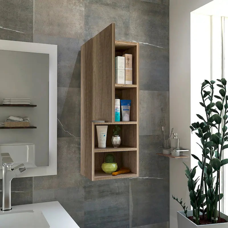 Single Door Bathroom Cabinet with Interior and Exterior Shelves, Gray Smokey Oak