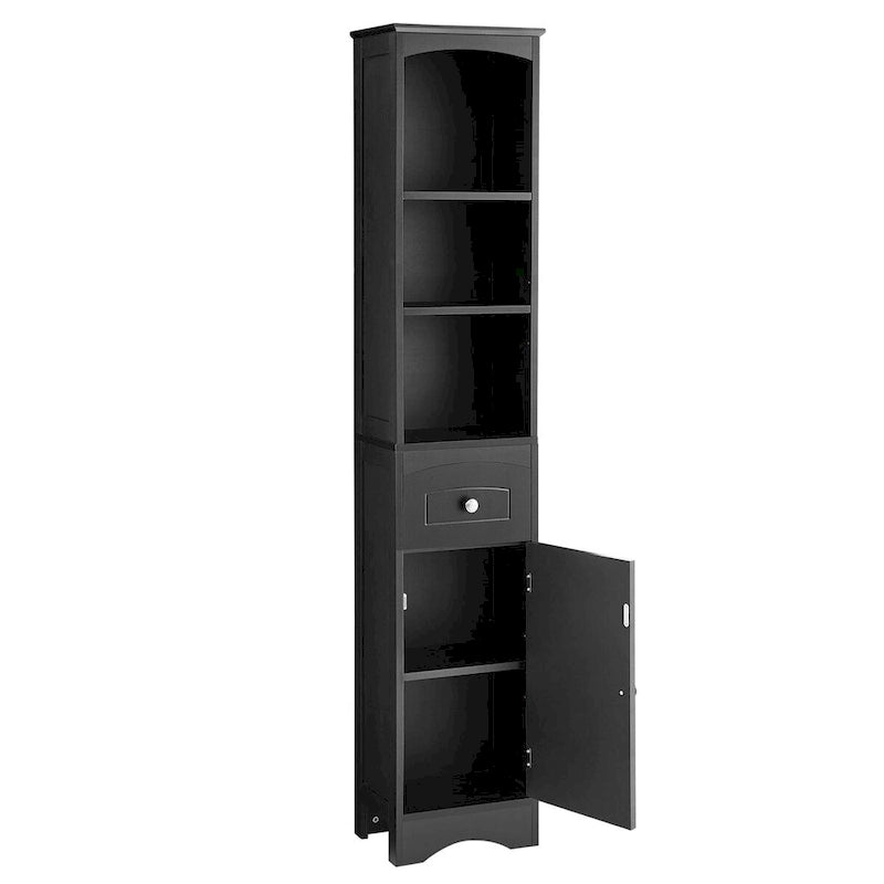 Tall Freestanding Bathroom Storage Cabinet with Open Shelves Drawer Black