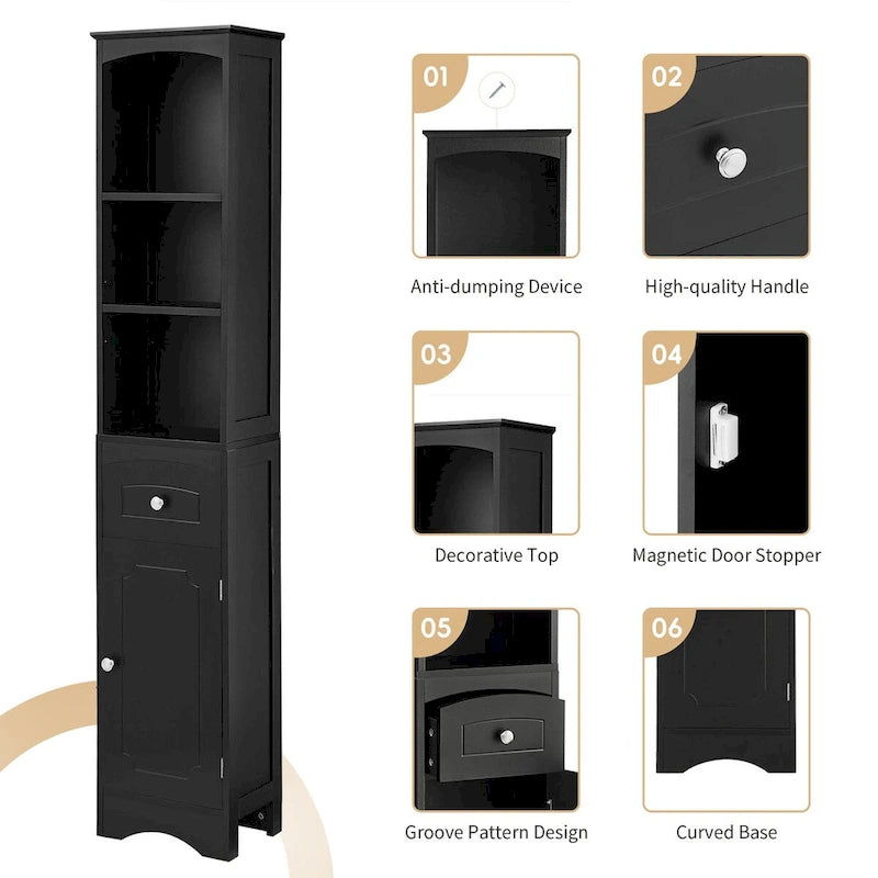 Tall Freestanding Bathroom Storage Cabinet with Open Shelves Drawer Black