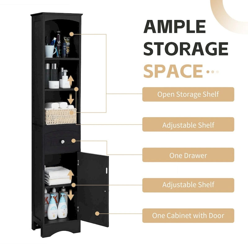 Tall Freestanding Bathroom Storage Cabinet with Open Shelves Drawer Black
