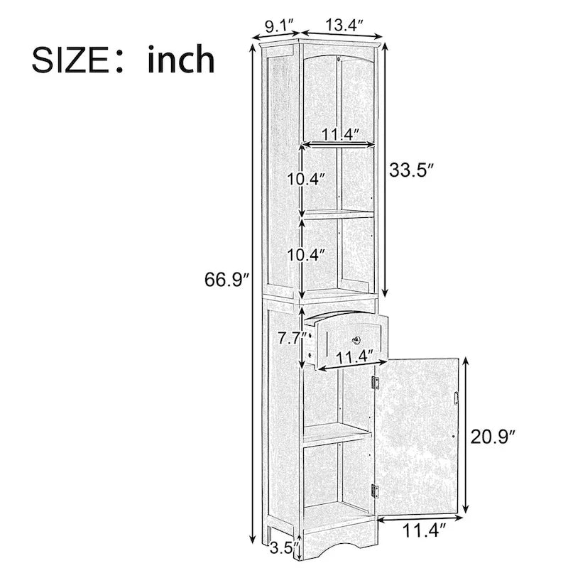 Tall Freestanding Bathroom Storage Cabinet with Open Shelves Drawer Black